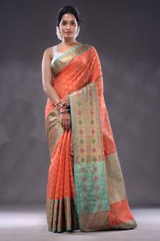 Salmon Orange Cotton Blend Handwoven Saree With Zari Woven Texture And Floral Patterns