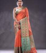 Salmon Orange Cotton Blend Handwoven Saree With Zari Woven Texture And Floral Patterns