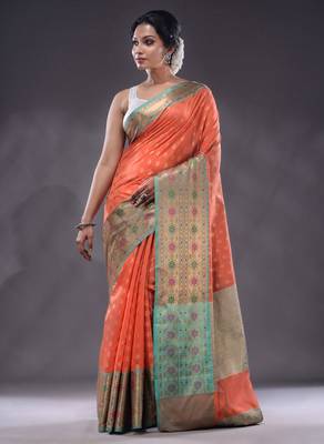 Salmon Orange Cotton Blend Handwoven Saree With Zari Woven Texture And Floral Patterns 2