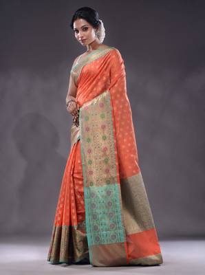 Salmon Orange Cotton Blend Handwoven Saree With Zari Woven Texture And Floral Patterns 3