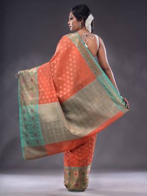 Salmon Orange Cotton Blend Handwoven Saree With Zari Woven Texture And Floral Patterns 4