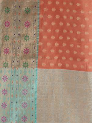 Salmon Orange Cotton Blend Handwoven Saree With Zari Woven Texture And Floral Patterns 5