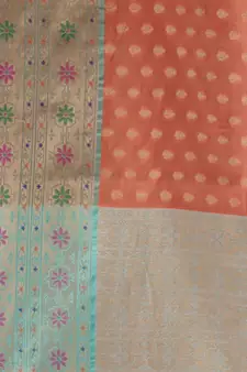 Salmon Orange Cotton Blend Handwoven Saree With Zari Woven Texture And Floral Patterns