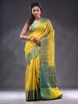 Yellow Cotton Blend Handwoven Saree With Zari Woven Texture And Nakshi Patterns 1