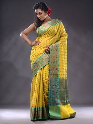 Yellow Cotton Blend Handwoven Saree With Zari Woven Texture And Nakshi Patterns 2