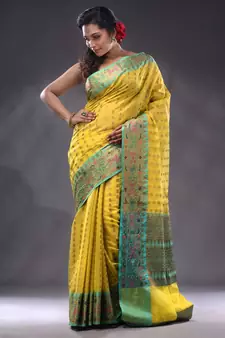 Yellow Cotton Blend Handwoven Saree With Zari Woven Texture And Nakshi Patterns