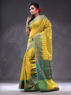 Yellow Cotton Blend Handwoven Saree With Zari Woven Texture And Nakshi Patterns 3