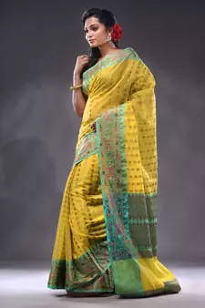 Yellow Cotton Blend Handwoven Saree With Zari Woven Texture And Nakshi Patterns