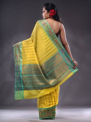 Yellow Cotton Blend Handwoven Saree With Zari Woven Texture And Nakshi Patterns 4