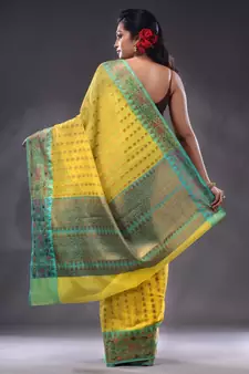 Yellow Cotton Blend Handwoven Saree With Zari Woven Texture And Nakshi Patterns