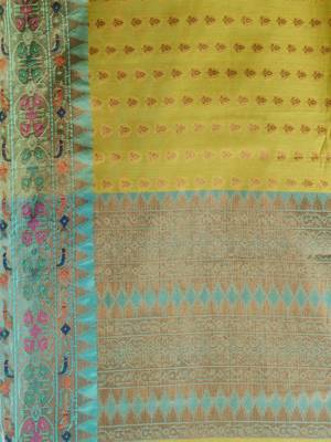 Yellow Cotton Blend Handwoven Saree With Zari Woven Texture And Nakshi Patterns 5