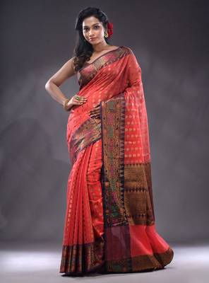Red Cotton Blend Handwoven Saree With Zari Woven Ethnic Patterns 1