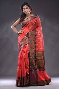 Red Cotton Blend Handwoven Saree With Zari Woven Ethnic Patterns