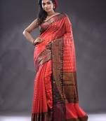 Red Cotton Blend Handwoven Saree With Zari Woven Ethnic Patterns