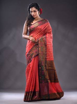 Red Cotton Blend Handwoven Saree With Zari Woven Ethnic Patterns 2