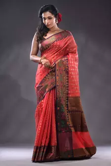 Red Cotton Blend Handwoven Saree With Zari Woven Ethnic Patterns