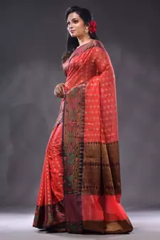 Red Cotton Blend Handwoven Saree With Zari Woven Ethnic Patterns
