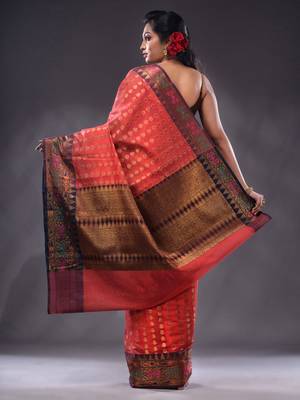 Red Cotton Blend Handwoven Saree With Zari Woven Ethnic Patterns 4