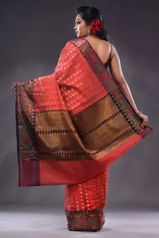 Red Cotton Blend Handwoven Saree With Zari Woven Ethnic Patterns
