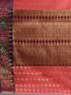 Red Cotton Blend Handwoven Saree With Zari Woven Ethnic Patterns 5