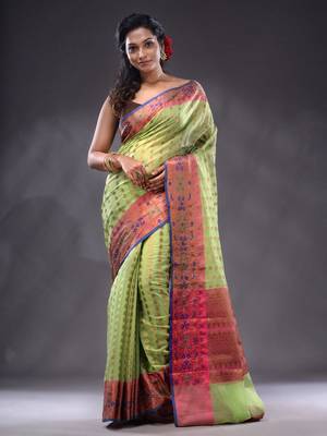 Lime Green Cotton Blend Handwoven Saree With Zari Woven Ethnic Patterns 1