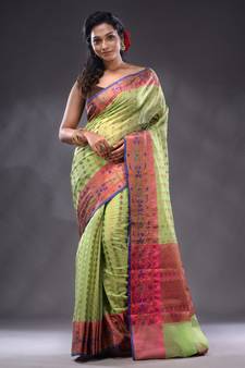Lime Green Cotton Blend Handwoven Saree With Zari Woven Ethnic Patterns