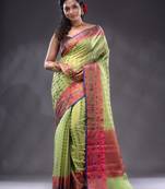 Lime Green Cotton Blend Handwoven Saree With Zari Woven Ethnic Patterns
