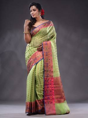 Lime Green Cotton Blend Handwoven Saree With Zari Woven Ethnic Patterns 2