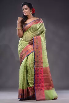 Lime Green Cotton Blend Handwoven Saree With Zari Woven Ethnic Patterns
