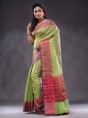 Lime Green Cotton Blend Handwoven Saree With Zari Woven Ethnic Patterns 3