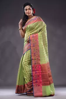 Lime Green Cotton Blend Handwoven Saree With Zari Woven Ethnic Patterns
