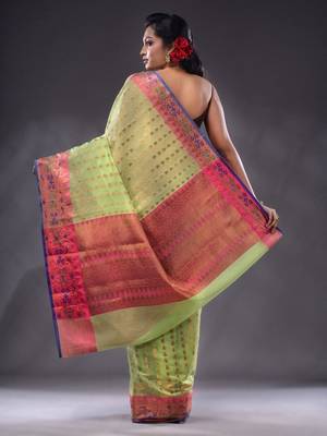 Lime Green Cotton Blend Handwoven Saree With Zari Woven Ethnic Patterns 4