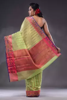Lime Green Cotton Blend Handwoven Saree With Zari Woven Ethnic Patterns