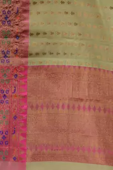 Lime Green Cotton Blend Handwoven Saree With Zari Woven Ethnic Patterns
