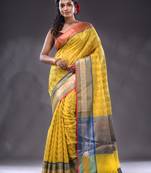 Yellow Cotton Blend Handwoven Saree With Zari Woven Texture And Nakshi Patterns