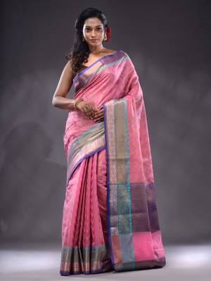 Pink Cotton Blend Handwoven Saree With Zari Woven Texture And Nakshi Patterns 1