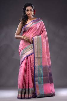 Pink Cotton Blend Handwoven Saree With Zari Woven Texture And Nakshi Patterns
