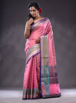 Pink Cotton Blend Handwoven Saree With Zari Woven Texture And Nakshi Patterns 2