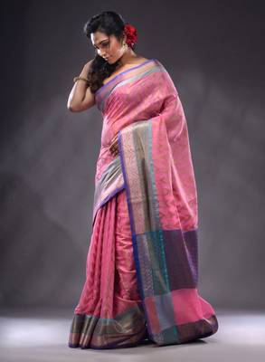 Pink Cotton Blend Handwoven Saree With Zari Woven Texture And Nakshi Patterns 3
