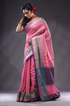 Pink Cotton Blend Handwoven Saree With Zari Woven Texture And Nakshi Patterns