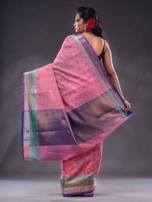Pink Cotton Blend Handwoven Saree With Zari Woven Texture And Nakshi Patterns 4