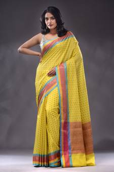 Yellow Cotton Blend Handwoven Saree With Zari Woven Ethnic Motifs And Nakshi Patterns