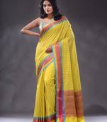 Yellow Cotton Blend Handwoven Saree With Zari Woven Ethnic Motifs And Nakshi Patterns