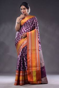 Purple Cotton Blend Handwoven Saree With Zari Woven Floral Patterns