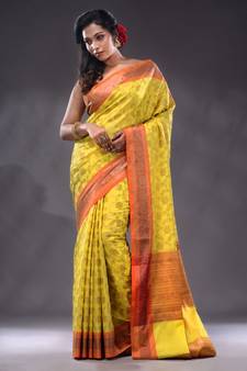 Yellow Katan Silk Handwoven Saree With Zari Woven Designs