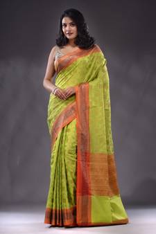 Lime Green Katan Silk Handwoven Saree With Zari Woven Designs