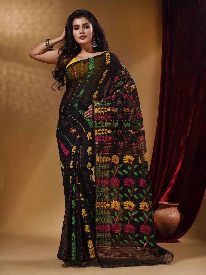 Black Cotton Handwoven Jamdani Saree With Floral Designs And Motifs