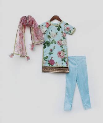 Blue Floral Print Kurti and Pant 3