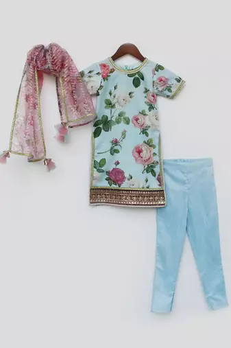 Blue Floral Print Kurti and Pant