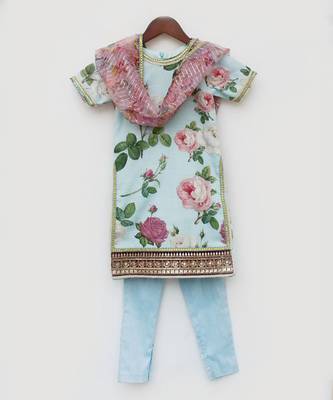 Blue Floral Print Kurti and Pant 4